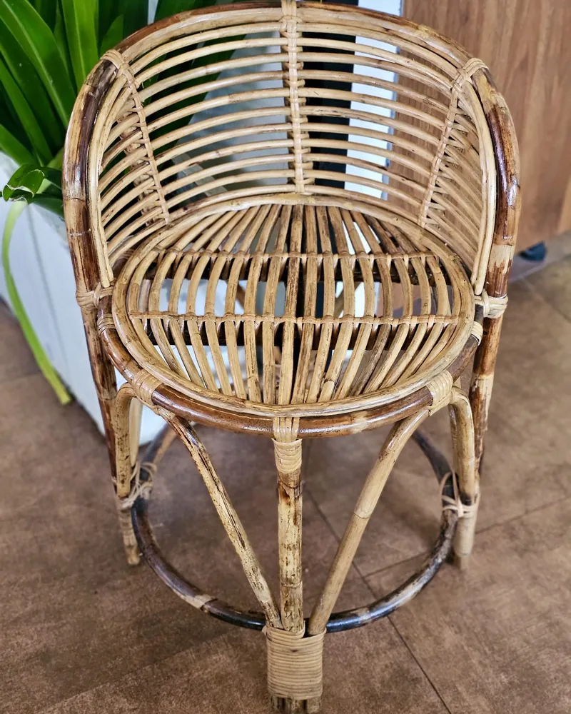 A photo of a bamboo armchair on a tiled floor, next to a potted plant