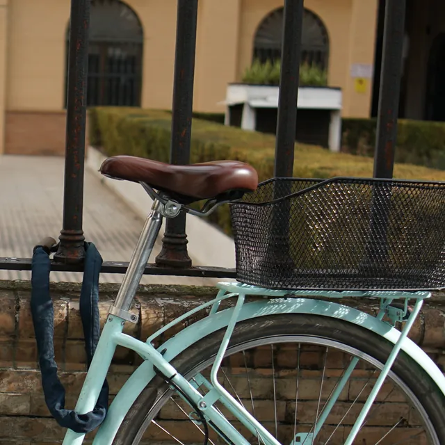 The saddle, the rear basket and the lock of the bike
